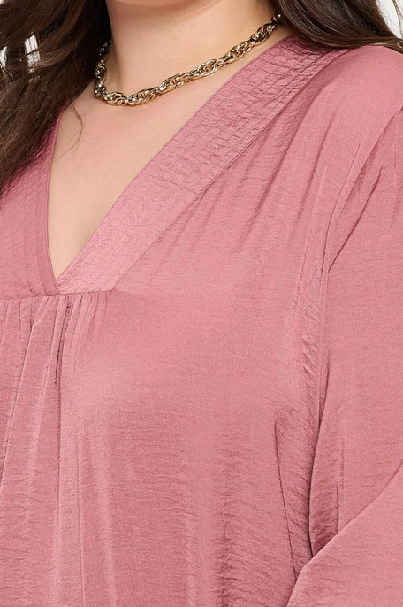 Plus Textured Satin V Neck Long Sleeve Blouse