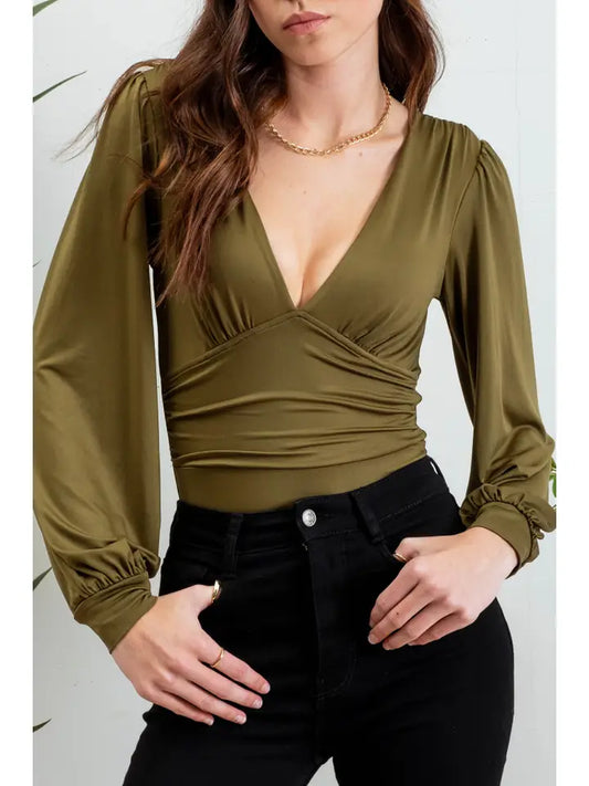 Deep V Neck Long Sleeve Bodysuit Green