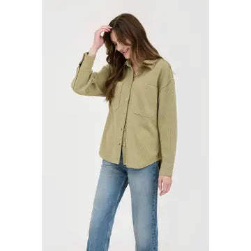 Rib Knit Exposed Seam Button Up Top