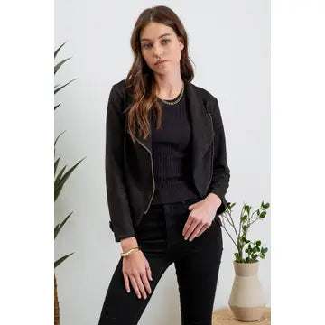 Faux Suede Zip Up Moto Jacket-Black