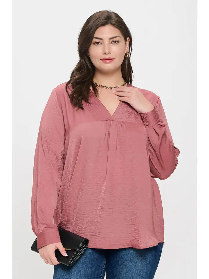 Plus Textured Satin V Neck Long Sleeve Blouse