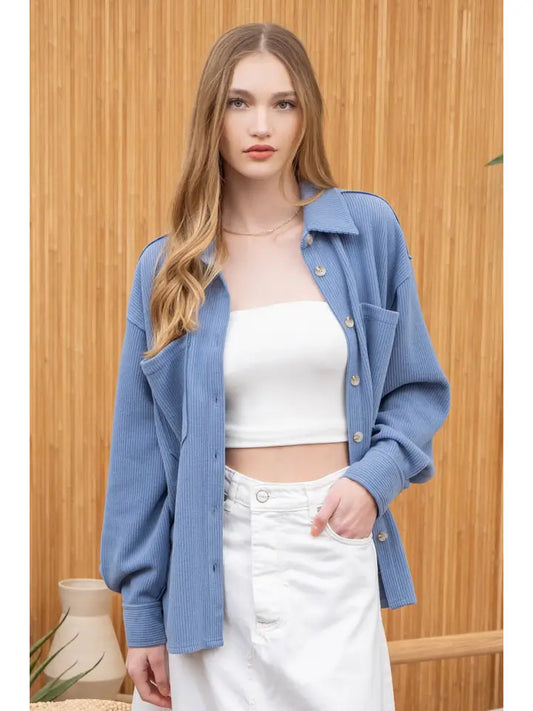 Rib Knit Exposed Seam Button Up Top-Blue