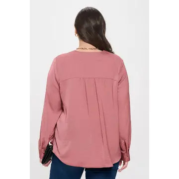 Plus Textured Satin V Neck Long Sleeve Blouse