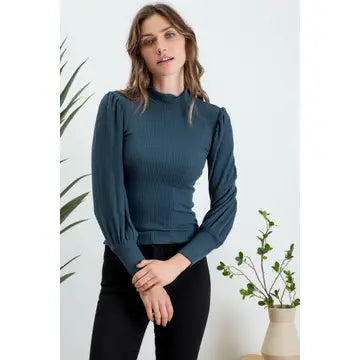 Mock Neck Long Sleeve Back Button Knit Top